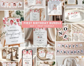 Pode incluir: Uma coleção de decorações de festa com tema de morango. Inclui banners, letreiros, toppers de cupcake, rótulos de garrafa de água e cartões de agradecimento. O texto "First Birthday Bundle" e "berry sweet" são visíveis.
