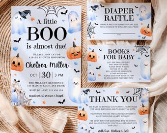 Blue Little Boo Is Almost Due Baby Shower Invitation Bundle Cute Blue Halloween Baby Shower Printable Ghost Boy Baby Shower Bundle CPCBS282