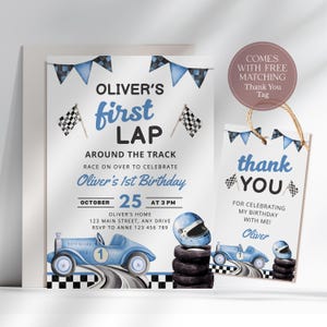 May include: A light blue race car themed birthday invitation with the text "Oliver's first LAP" and a matching thank you tag. The invitation includes the date, time, and location of the party.