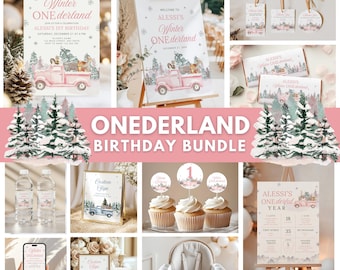 May include: A collection of party decorations with a winter theme. Includes invitations, signs, cupcake toppers, and a high chair banner. The designs feature a pink truck, trees, and the text "Winter ONEderland" and "Alessi's 1st Birthday".
