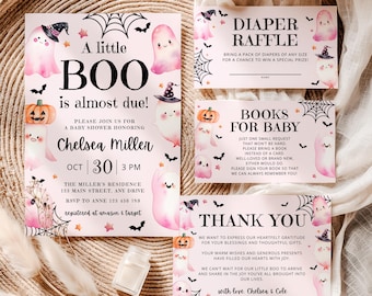 Pink Little Boo Is Almost Due Baby Shower Invitation Bundle Cute Pink Halloween Baby Shower Printable Ghost Girl Baby Shower Bundle CPCBS281
