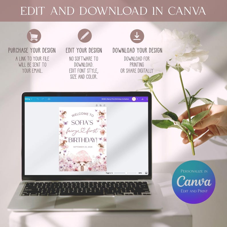Puede incluir: Una computadora port&aacute;til muestra una invitaci&oacute;n de cumplea&ntilde;os con el texto "Welcome to Sofia's fairy & first birthday!". Se proporcionan instrucciones para editar y descargar el dise&ntilde;o en Canva.