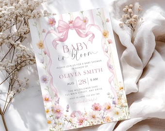 Invitación editable para baby shower "Bebé en flor", elegante diseño floral, invitación para niña con flores silvestres (plantilla imprimible) CPCBS511