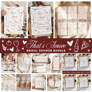 Peut inclure: Ensemble de papeterie de mariage avec un design rouge et blanc. Le lot comprend des invitations, des panneaux de table et d'autres éléments décoratifs. Le texte "That's Amore" est mis en évidence, ainsi que le nom "Olivia Thomas".