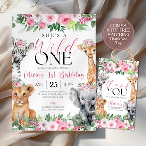 May include: A birthday invitation and matching thank you tag with safari animal illustrations. The invitation says "She's a Wild One" with event details. Pink floral accents and the words "Thank You" are also present on the tag.