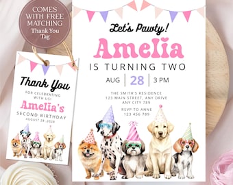 May include: A birthday party invitation and matching thank you tag. The invitation reads "Let's Pawty! Amelia is turning two" with a watercolor illustration of dogs wearing party hats and glasses. The thank you tag says "Thank You".