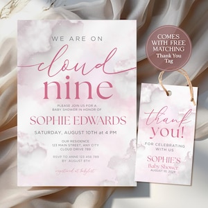 On Cloud Nine Baby Shower Invitation Template, Pink Girl We&#39;re On Cloud Nine Baby Shower Invitation, On Cloud 9 Baby Shower Invite CPCBS202