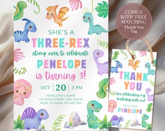 Convite de Aniversário para Menina com Tema de Dinossauro Rex: Convite de Aniversário em Aquarela (Modelo Canva Fácil de Editar) CPCBI362