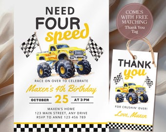 Editable Need Four Birthday Invite Need Four Speed 4th Birthday Invitation Boy 4th Birthday Monster Truck Themed Printable Invite CPCBI454