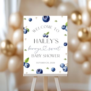 May include: A white sign on an easel with the text "Welcome to Hailey's berry & sweet BABY SHOWER" in black and blue script. Watercolor blueberries and greenery decorate the sign. The date "October 20, 2028" is also displayed.