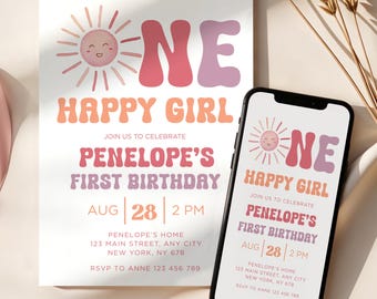 Editable One Happy Girl Birthday Invite: Retro 1st Birthday Party  (Canva Template) CPCBI951