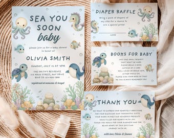 Pakiet zaproszeń na baby shower Sea You Soon: Zestaw losowania pieluszek z motywem stworzeń morskich (edytowalny szablon) CPCBS462