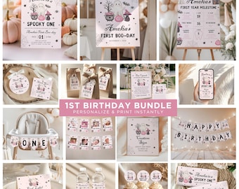 Spooky One Birthday Invitation Bundle Pink Cute Ghost 1st Birthday Halloween Ghost 1st Birthday First Boo Day Invitation Bundle CPCBI321