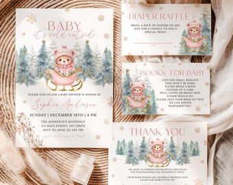 May include: A set of baby shower invitations and cards with a winter theme. The main invitation features a pink sled with a teddy bear, surrounded by pine trees and snowflakes. Additional cards include a diaper raffle, book request, and thank you note.