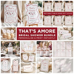 Peut inclure: Ensemble de papeterie pour une fête prénuptiale sur le thème "That's Amore". L'ensemble comprend des invitations, des panneaux de table, des décorations de cupcakes, des étiquettes alimentaires, etc. Les motifs présentent un code couleur rouge et blanc avec des illustrations de nourriture et de boissons.
