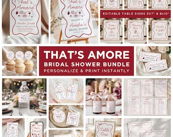 Puede incluir: Un conjunto de papelería para despedida de soltera con el tema "That's Amore". El conjunto incluye invitaciones, letreros de mesa, adornos para cupcakes, etiquetas de comida y más. Los diseños presentan una combinación de colores rojo y blanco con ilustraciones de comida y bebida.
