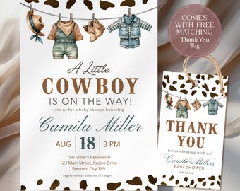 A Little Cowboy babyshower uitnodiging, bewerkbare wilde westen babyshower uitnodiging, wilde westen western jongen blauw buiten rodeo land, CPCBS401