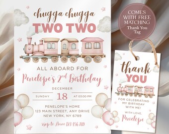 Pink Chugga Chugga Two Two Birthday Invite 2nd Birthday Pink Girl Invitation Editable Train Birthday Party Printable Invitation CPCBI381