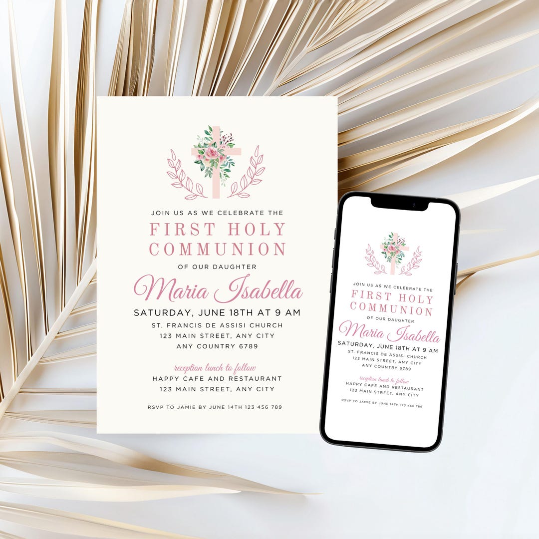 Blush Pink First Holy Communion Invitation Template, Pink Floral ...