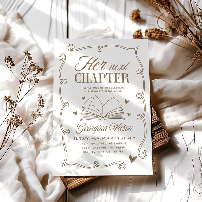 May include: A white invitation card with gold text and decorative border. The text reads "Her next chapter" and invites guests to celebrate a bride-to-be. The card includes the name Georgina Wilson, date, time, and location.