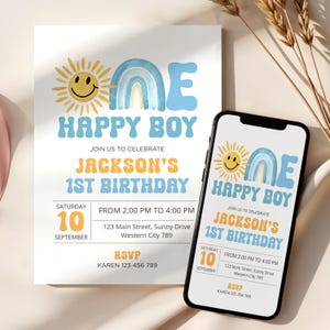 May include: A digital invitation for a first birthday party. The invitation features a smiling sun with a rainbow and the text "One Happy Boy" in a retro font. The invitation also includes the name "Jackson's 1st Birthday" and details about the party, including the date, time, and location. RSVP information is also included.