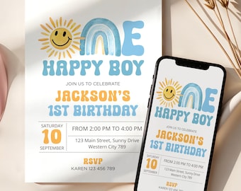 Editable One Happy Boy Birthday Invite, Boho Sunshine Birthday Invitation, One Happy Boy 1st Birthday, Sun Boy 1st Birthday Invite CPCBI962