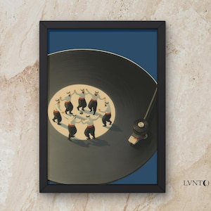 May include: Framed art print featuring a stylized illustration of a vinyl record with a group of dancing figures in a circle. The figures are dressed in black pants and white shirts. The background is a deep blue.