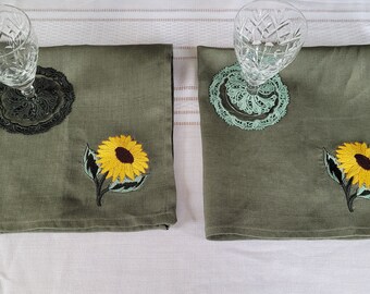 Embroidered Napkins, Linen Napkins, Sunflowers, Autumn, Dinner for Two Set, 2 Napkins, 2 Coasters, 2 Wine Tags, Gift Set, Cottagecore