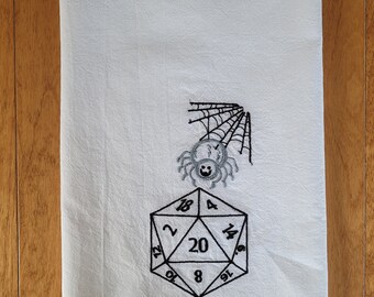 Halloween Flour Sack Towel, Embroidered Tea Towels, D 20, Spider Web, Dice, Halloween, Kitchen Towels, Cotton Tea Towels, Dish Towel