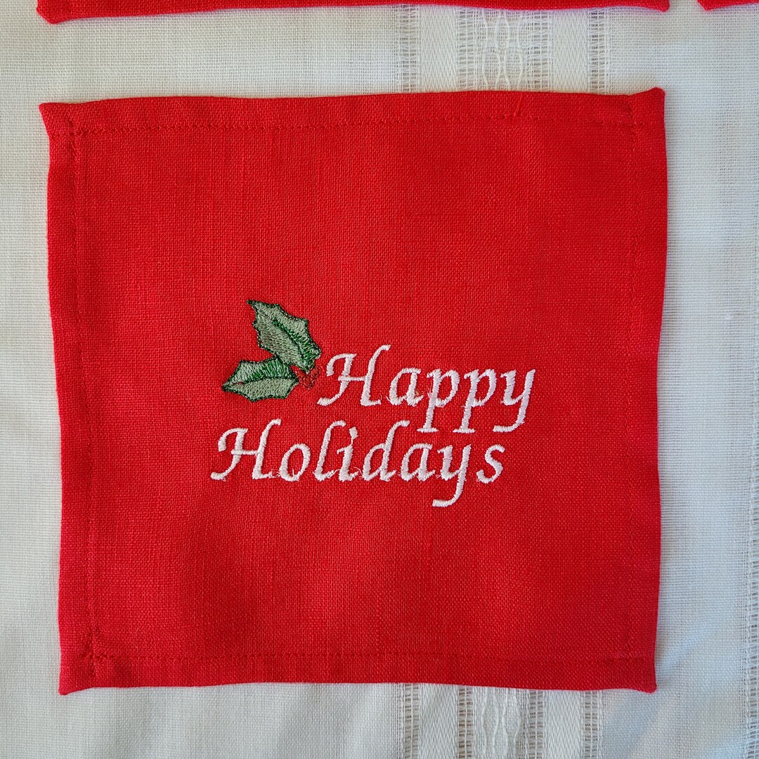 Embroidered Happy Holidays Cocktail Napkins, Christmas, Winter, Pure
