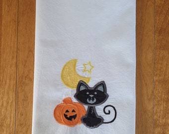 Halloween Flour Sack Towel , Embroidered Tea Towels, Black Cat, Halloween, Pumpkin, Moon, Kitchen Towels, Cotton Towels, Dish Towel