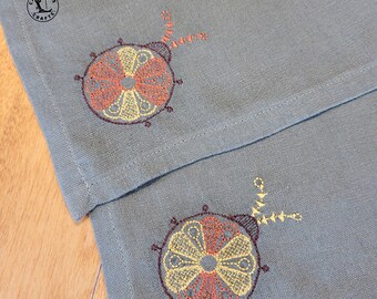 Embroidered Ladybug Linen Cocktail Napkins, Handcrafted Set of 4, Made in Canada