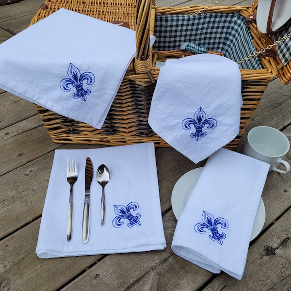 Embroidered Napkins, Fleur de Lys, Blue, Lily, Flour Sack Napkins, French Fleur de Lis, Reusable Napkins, Cloth Napkins, Set of 4