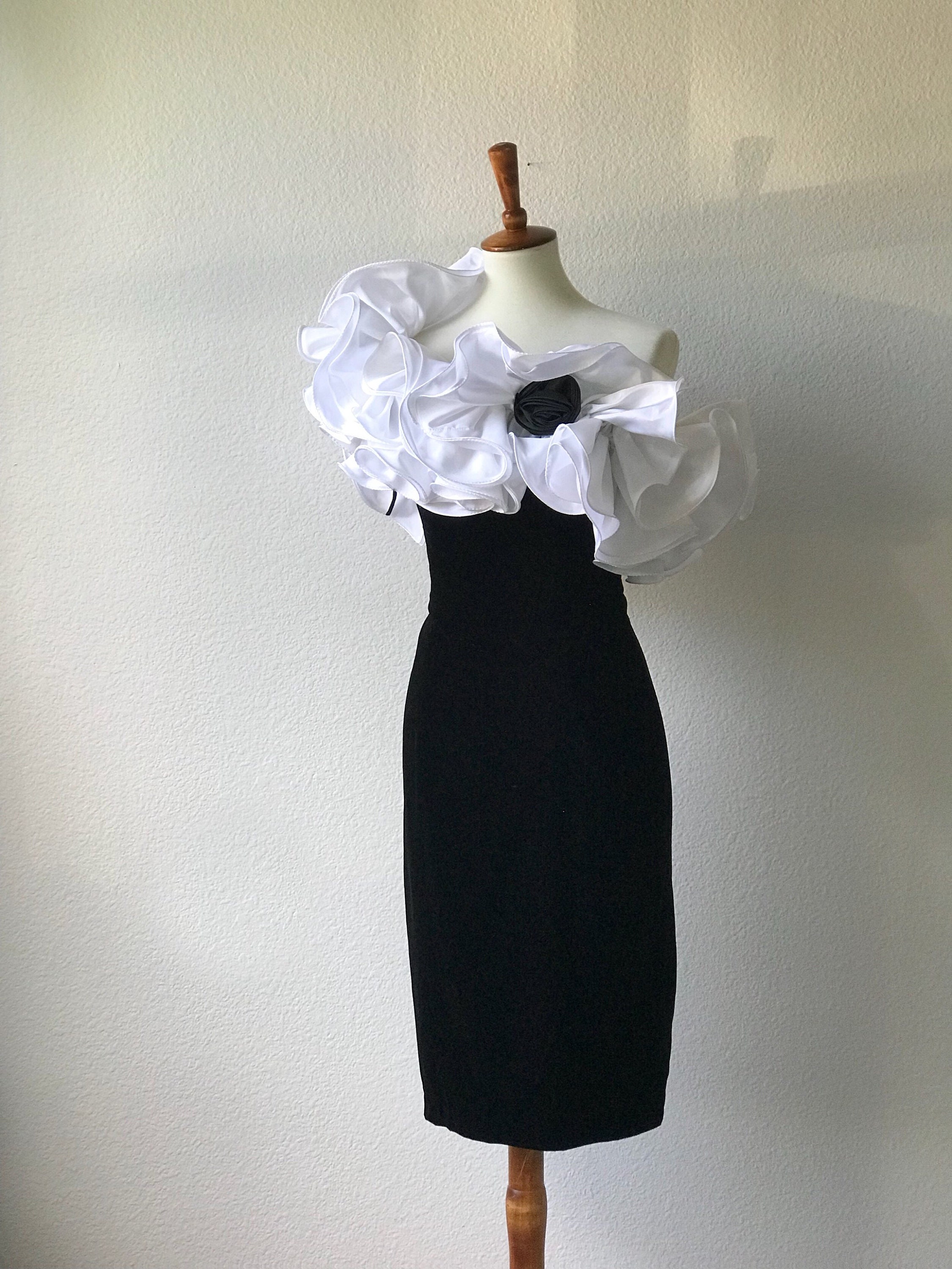 Vintage Ruffle One Shoulder Black Velvet Wiggle Dress Sz Xs - Etsy