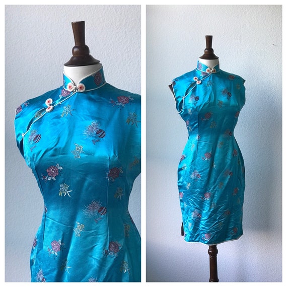 Vintage teal silk qipao sz S