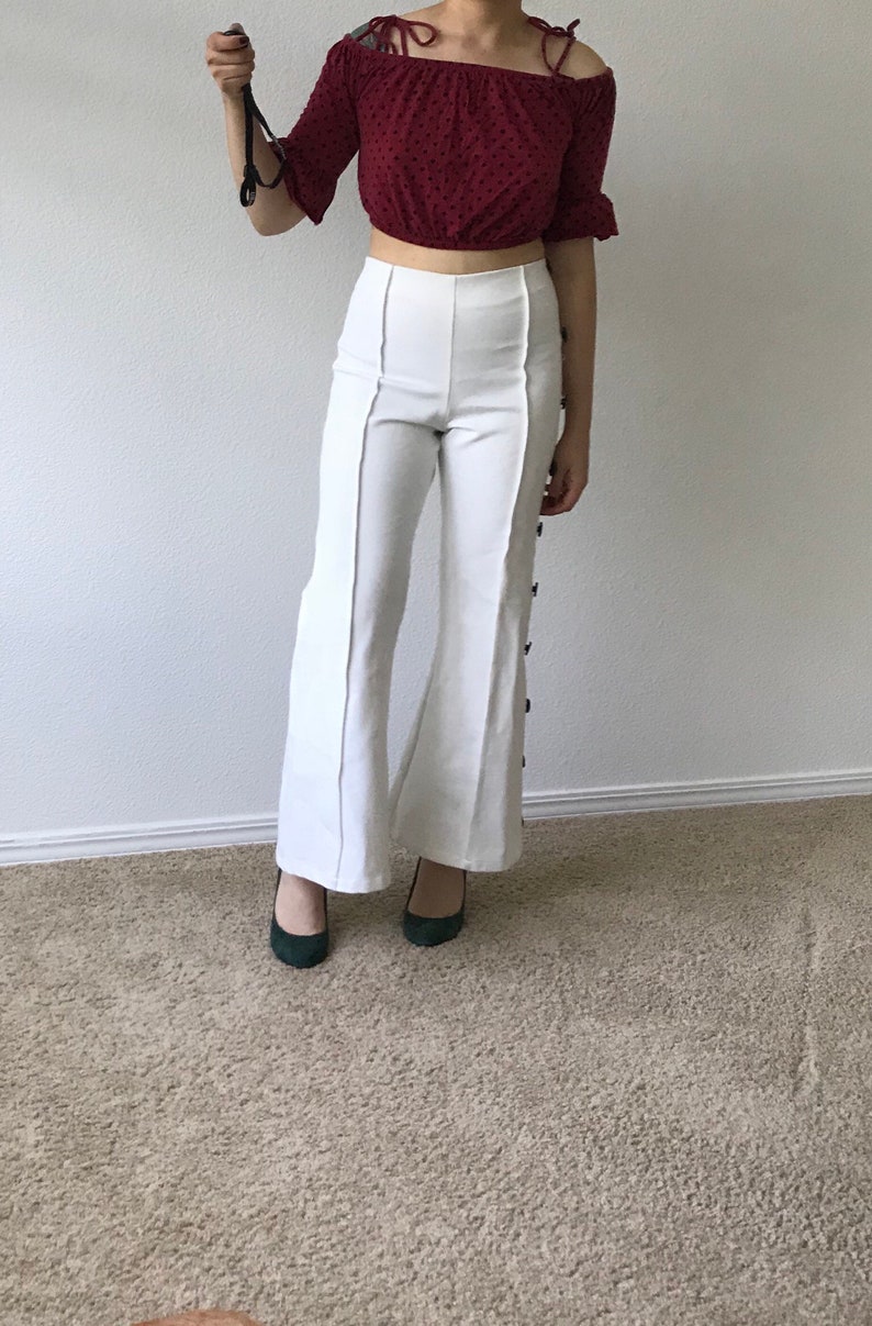 Vintage white wide leg pleated highwaist disco pants with buttons sz xs or small image 4