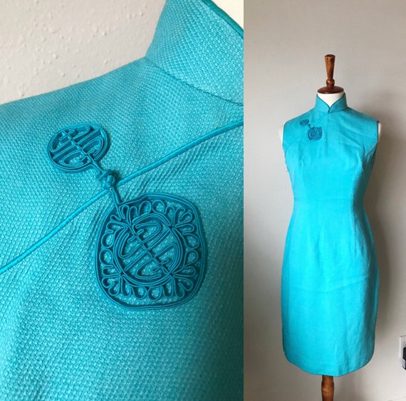 Vintage wool teal blue cheongsam size small - image 1