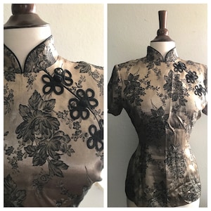 Vintage brown Chinese cheongsam top silky size medium image 1