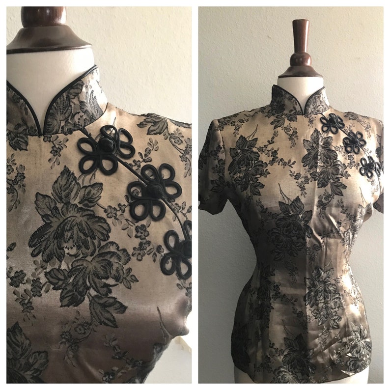 Vintage brown Chinese cheongsam top silky size medium image 1