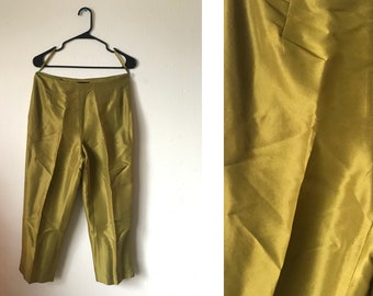 Vintage lime green chartreuse silk Capri pants size medium