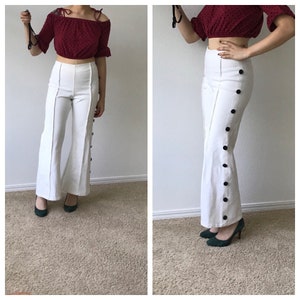 Vintage white wide leg pleated highwaist disco pants with buttons sz xs or small image 1