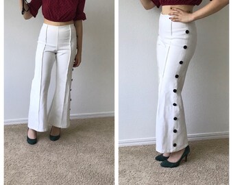 Vintage white wide leg pleated highwaist disco pants with buttons sz xs or small