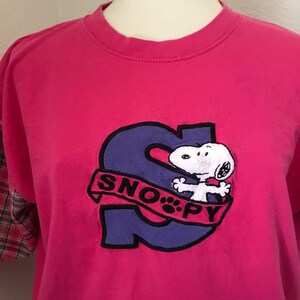 Vintage SNOOPY original pink plaid sleeve t-shirt womens large image 4