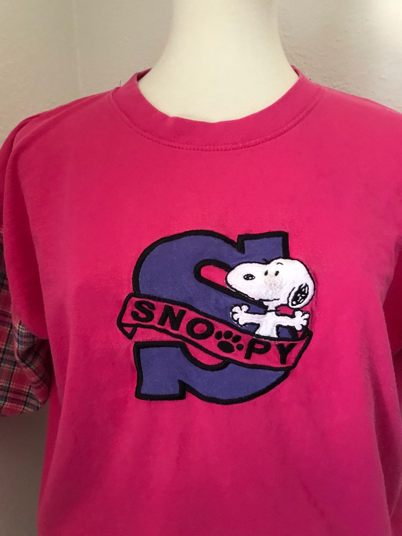 Vintage SNOOPY original pink plaid sleeve t-shirt womens large image 4