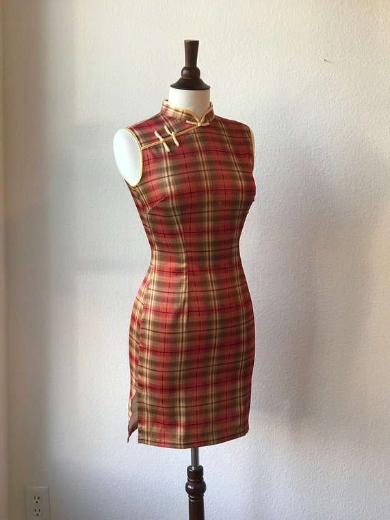 Vintage orange plaid qipao dress  sz XS 1960s - image 2