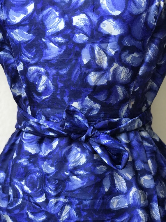 vintage 1950s blue silk watercolor day dress - image 6