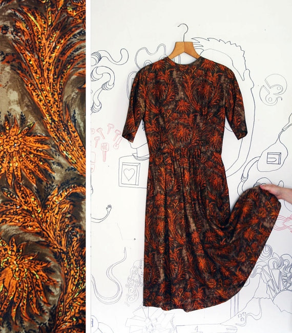 Fall Fashion: vintage 1950s brown & orange dress … - image 1