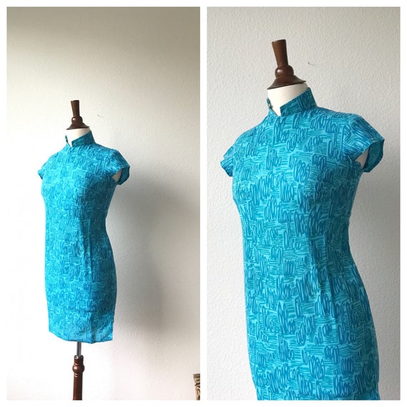 Vintage teal squiggles qipao size S