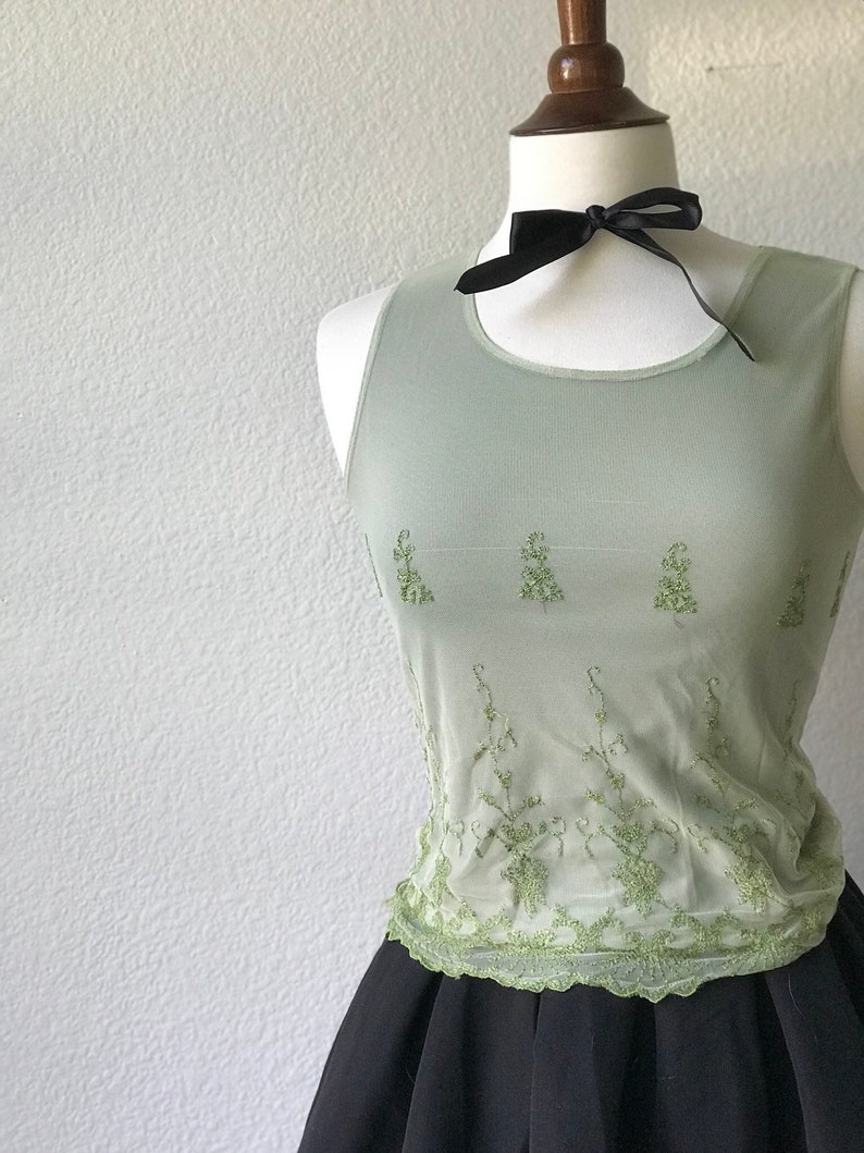 Vintage lace embroidered green top sz s image 3