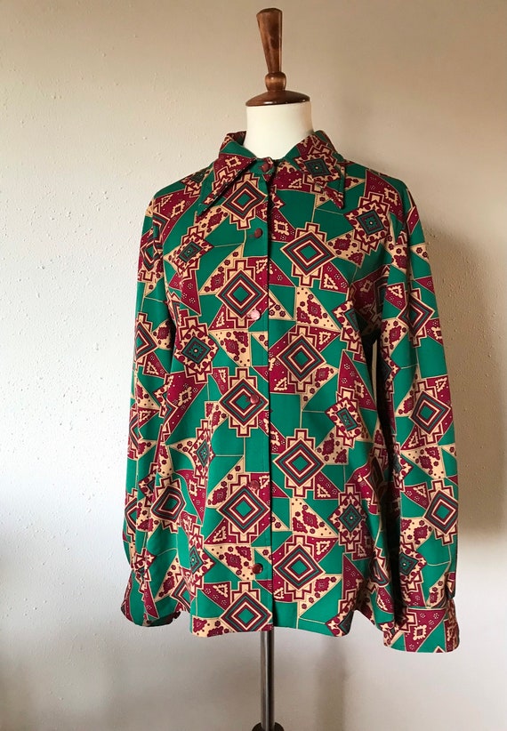 Vintage 70s groovy green patterned polyester long… - image 4